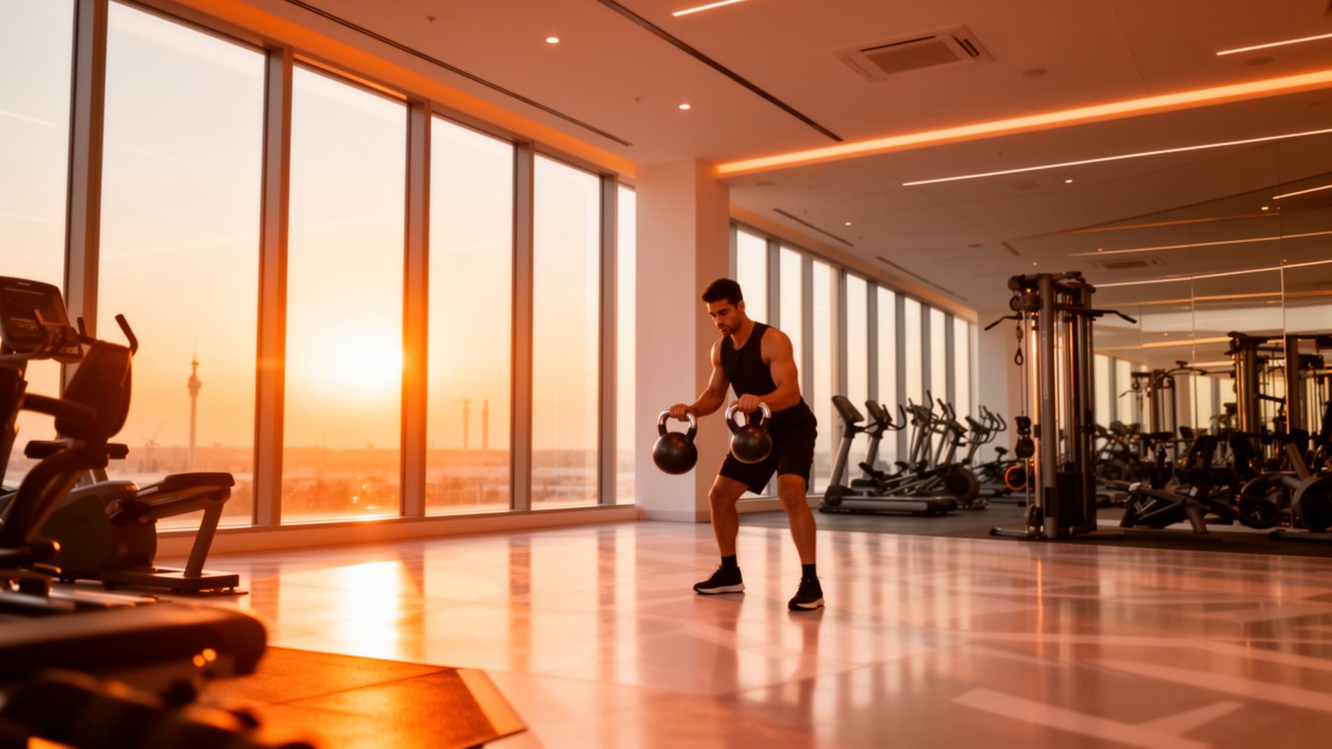 Modern gym interior at golden hour with kettlebell training
